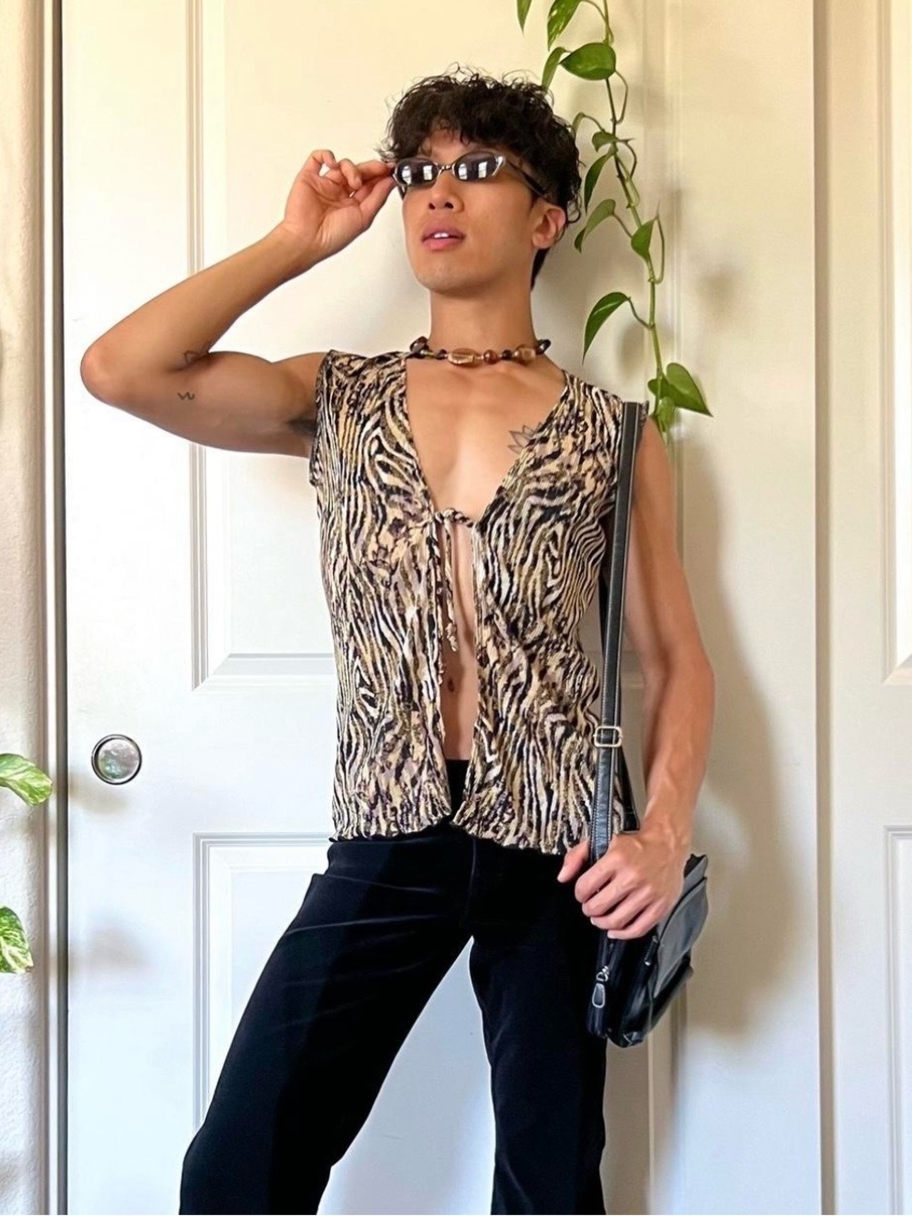 Vintage Y2K Zebra Print Sleeveless Front-Tie Top
